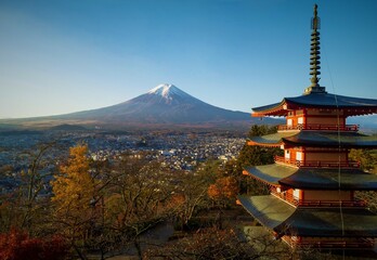 Clear view of Mt. Fuji from behind the Chureito Pagoda in the morning. 