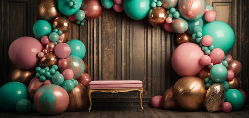 Fototapeta na wymiar Balloon Arch in Pink, Turquoise and Blush Gold against an Antique Wall and an Ottoman, AI Generative 