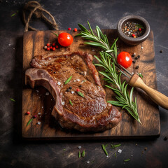 juicy grilled steak with herbs and spices on rustic cutting board. Barbecue