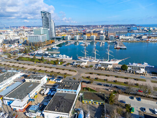 Aerial view landscape Poland Gdynia. View of the Baltic Sea, harbor, marina, ships and yachts.