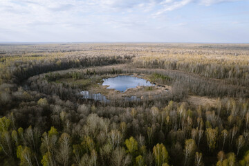 Aerial view on a swampy lake in rural area in Europe
