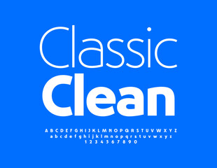Vector marketing emblem Classic Clean. Elegant White Font. Artistic set of Alphabet Letters, Numbers and Symbols