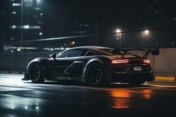 Fototapeta na wymiar Black racing car on highway at night from side view. Generative AI