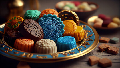 Eid Mubarak. Different iftar sweets.