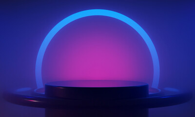 3d illustration rendering of futuristic cyberpunk city, gaming wallpaper scifi stage pedestal background, a esports gamer vs banner sign of neon glow