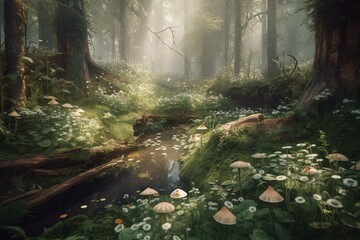 An image depicting an enchanting woodland filled with whimsical flora and fauna. Generative AI