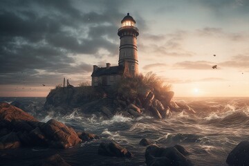 Illustration of a coastal lighthouse. Generative AI