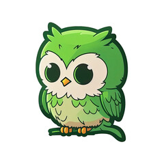 Cute cartoon owl character with transparent background, Green feathers, sitting on a branch