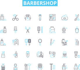 Barbershop linear icons set. Style, Razor, Shave, Cut, Trim, Beard, Grooming line vector and concept signs. Comb,Clipper,Scissors outline illustrations