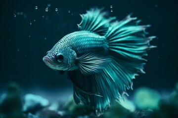 Fototapeta na wymiar Mint blue Siamese fighting fish in turquoise underwater background. Generative AI