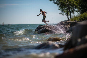 Obraz na płótnie Canvas Man jumping from a rock into the sea. Summer Vacation. generate by ai