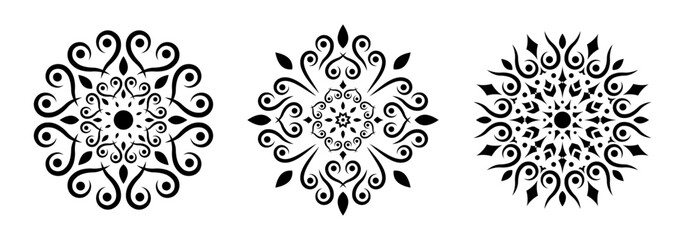 Vintage round ornament design set. Circle abstract pattern with floral elements. Mandala. Circular decorative element in classic, retro style. Wedding, arabesque, oriental decor. Vector illustration.