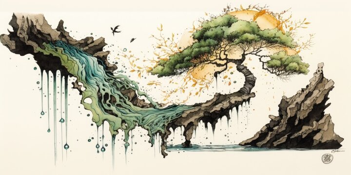 Muromachi Magic: Oak Tree and Waterfall in Japanese Art Style #InkIllustration #JapaneseArt #FantasyForest