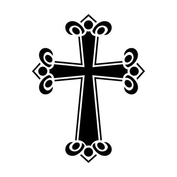Religious cross, crucifix icon. Catholic, christian ornate cross. Decorative church, religion, gothic symbols. Vector illustration.