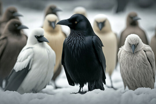 Black crow on the background of gray and white crows. AI genarated