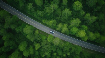 Aerial top view forest tree with car ecosystem environment concept Countryside road passing through the green forrest and mountain.