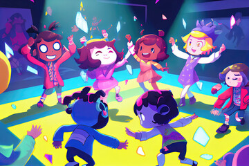 Happy cartoon children dancing in disco to music (Generative AI)