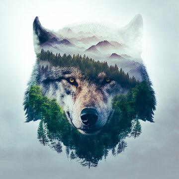 double exposure art of a wolf with a mountain landscape