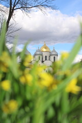Golden dome of church and yellow flowers 