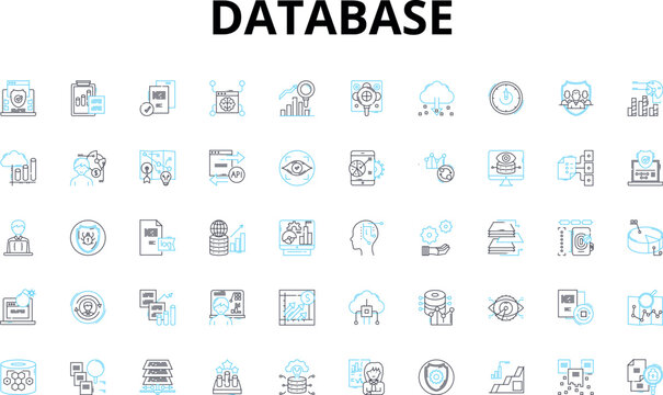 Database linear icons set. Retrieval, Normalization, Interoperability, Partitioning, Sharding, Backup, Clustering vector symbols and line concept signs. Transaction,Archiving,Encryption illustration