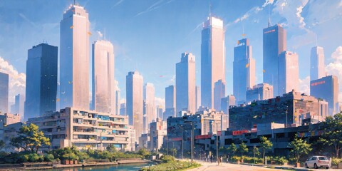 Fototapeta premium anime background, hong kong, city, business buildings, sunny, skyscraper, sky, blue sky, landscape, cityscape, generative ai, generative, ai