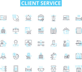Client service linear icons set. Support, Help, Assistance, Compassion, Empathy, Relationship, Communication line vector and concept signs. Understanding,Patience,Satisfaction outline illustrations