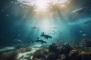 Naklejka na ściany i meble Oceanic life with playful dolphins and vibrant tropical fish. Generative AI