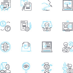 Financial containment linear icons set. Budgeting, Saving, Frugality, Investment, Planning, Rein in, Control line vector and concept signs. Management,Restriction,Economy outline illustrations