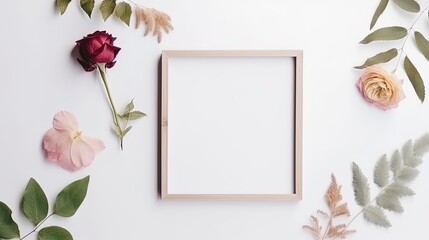 Mockup of picture frame decorated with spring flowers clean space for text on white background