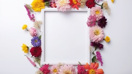 Mockup of picture frame decorated with spring flowers clean space for text on white background