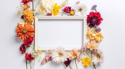 Mockup of picture frame decorated with spring flowers clean space for text on white background