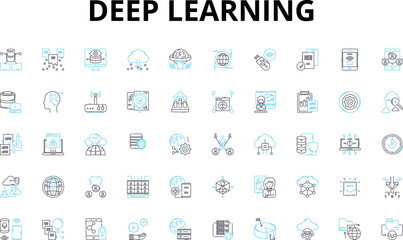 Deep learning linear icons set. Neural Nerks, Tensorflow, Algorithms, Big Data, Training, Optimization, Computer Vision vector symbols and line concept signs. Convolutional,Recurrent,Generative