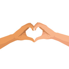  charity, love and diversity concept. female and male hands of different skin color making heart shape