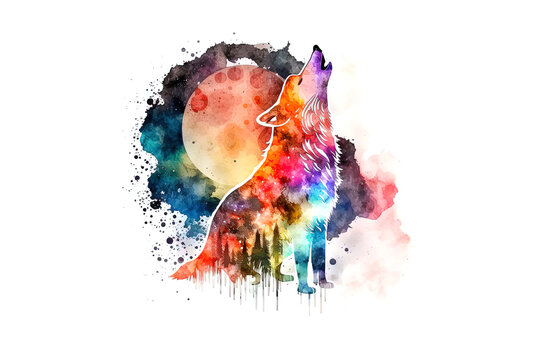 Wolf howling at the moon painted with watercolors isolated on a white background. Generated by AI
