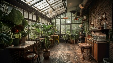 Fototapeta premium Cozy rustic and bohem cafe interior with brick wall and plants, AI generated 