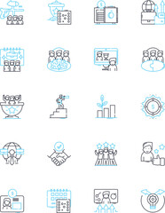Political stability linear icons set. Consistency, Security, Reliability, Orderliness, Continuity, Harmony, Congruity line vector and concept signs. Durability,Predictability,Trusrthiness outline