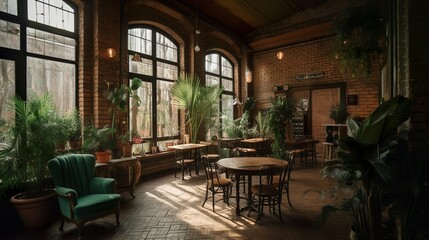 Fototapeta na wymiar ustic and bohemian style ruin coffee house interior, AI generated 