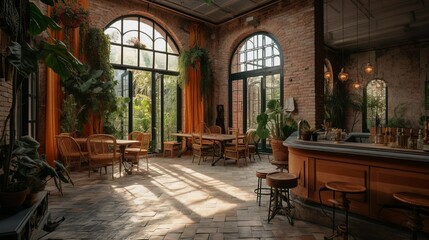 Fototapeta na wymiar Bohemian and rustic style coffee house interior, greenhouse vibe with panoramic glass windows, AI-generated 