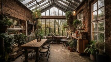 Fototapeta premium Bohemian and rustic style coffee house interior, greenhouse vibe with panoramic glass windows, AI-generated 