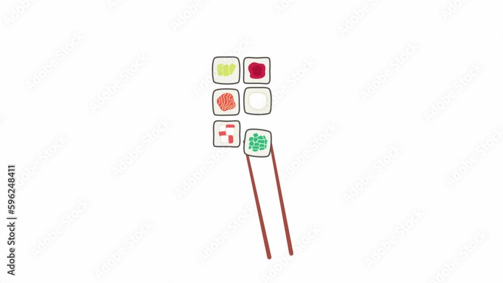 Poster animated chopsticks with maki. flat cartoon style icon 4k video footage for web design. japanese cui
