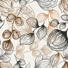 Floral flower silhouette brown and black, seamless pattern isolated white. Vector