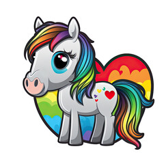 Appaloosa horse sticker, cute little pony surrounded by hearts, rainbow color scheme, vector illustration,  sticker pack collectable