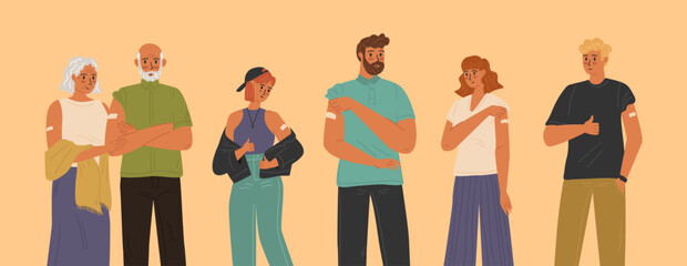 Vector set of vaccinated people. Diverse group of isolated characters, smiling men and women with with a plasters on the shoulder