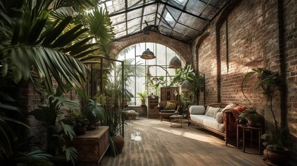 Fototapeta na wymiar Cozy rustic and bohemian style studio apartment interior with brick wall, and greenhouse style, AI generated