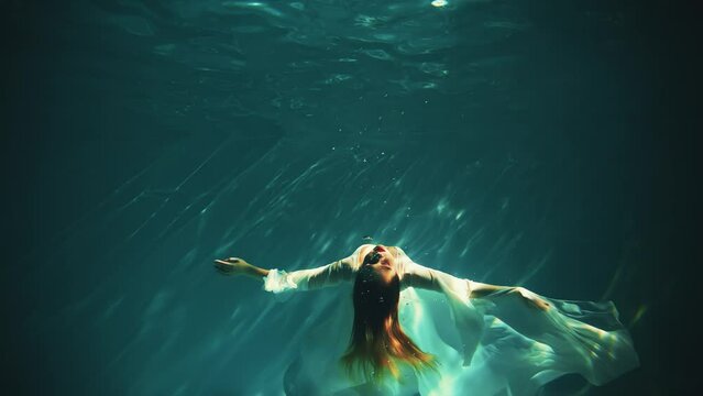 Fantasy woman drowns under dark blue water falls to bottom sea. Wet white silk long dress. Red-haired fairy girl goddess river nymph mermaid swims immersed. Creative underwater video shooting pool 4k