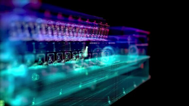 Engine. Diesel industrial electric equipment. Blue particle and lines form 3d model.
