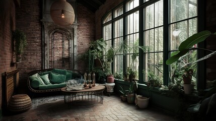 Tropical palm house style living room interior with brickc walls and panoramic windows