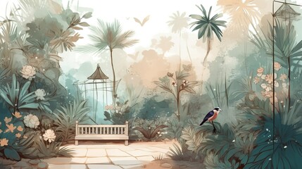 Fototapeta premium Tropical botanical garden with palm trees and other plants with bird 