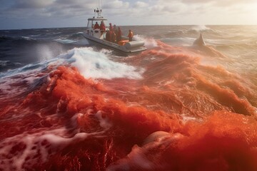 Offshore whaling was a dangerous job that required specialized ships and equipment. Whalers use harpoons and other weapons to kill the whales, and then tow the carcasses back to shore for processing. - obrazy, fototapety, plakaty