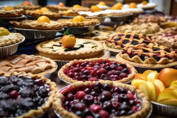 Fototapety  pile of fruit pies and tarts, ready to be served in a welcoming bakery setting, created with generative ai